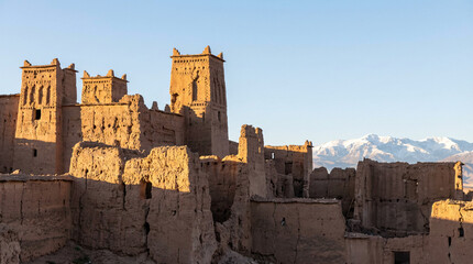 Naklejka premium Kazba Ait Benhaddou o wschodzie słońca z ośnieżoną górą Atlas w tle