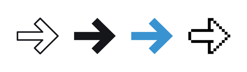 Four different right arrow vector icons presented in a row, featuring line art, silhouette, flat color, and retro 8-bit pixel art styles for digital navigation