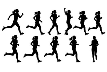 Obraz premium Vector set of female runners in marathon poses silhouettes for athletic and fitness designs