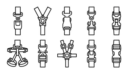 Various buckle, clasp, and safety harness icons presented in a minimalist black line art style, showcasing different types of plastic fasteners, clips, and strap adjusters