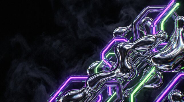 Cyber Goth Abstract Background with Liquid Chrome and Neon Glowing Tubes