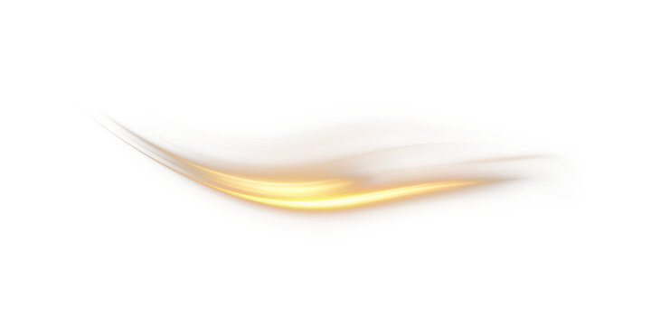 Warm golden glowing light swirl isolated on transparent background. Smooth luminous motion streak with soft blur for dynamic overlays, highlights and speed effects.