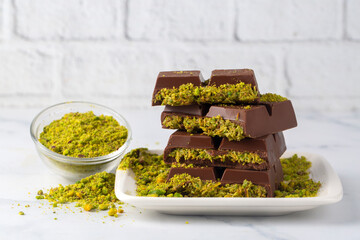 Dubai chocolate, milk chocolate filled with pistachio paste and kunefe