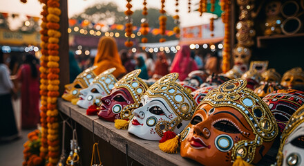 Fototapeta premium Colorful masks displayed for sale at a market during a festival in India with many people walking around enjoying the celebration in the evening light