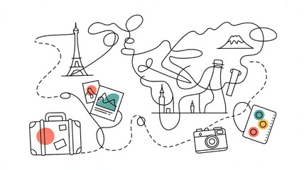 World map with travel icons and dotted lines representing global journey and vacation planning flat vector illustration © Tanzeel