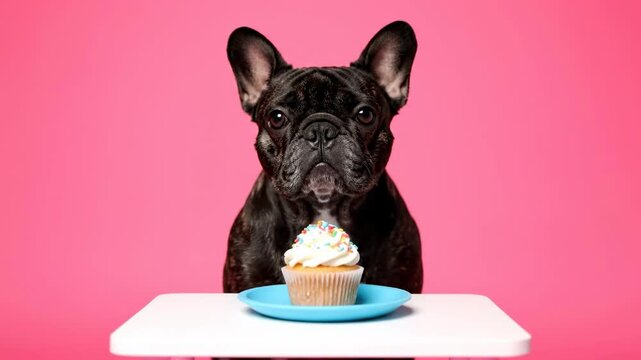 Cute french bulldog looking at cupcake on pink background. Funny black dog eyes a sweet dessert on a blue plate