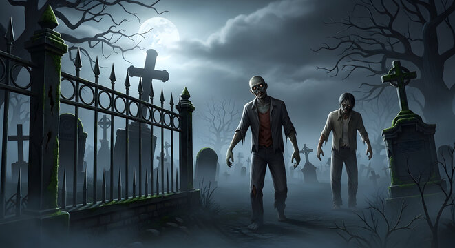 Two zombies walking towards the viewer in a spooky graveyard at night