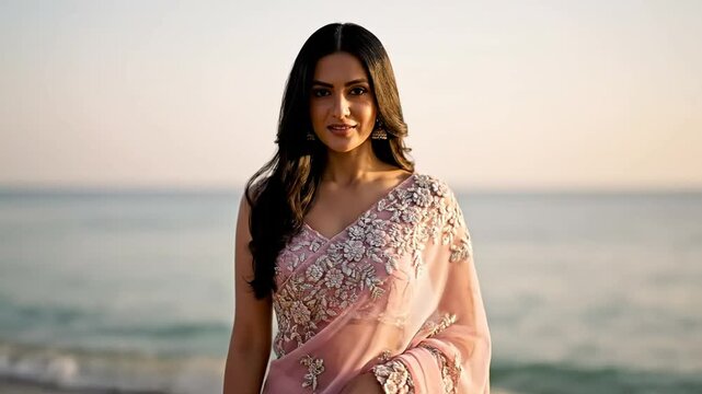 Indian woman model in embroidered saree posing against beach coast