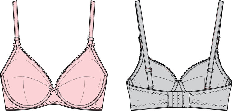 Women lace bra technical flat sketch, front back view, lingerie fashion CAD vector, adjustable strap underwear template, detailed outline illustration
