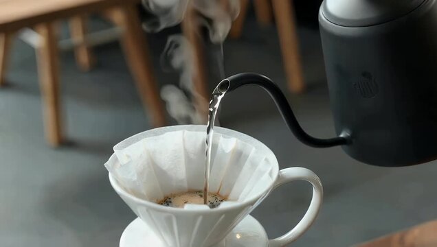 Premium 4K close range coffee brewing footage showing gooseneck kettle pouring steaming hot water into V60 dripper with visible steam crystal clear flow highlighting precision ritual 