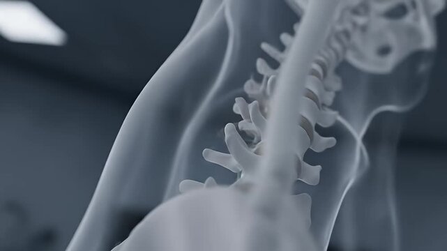 Detailed 3D rendering of a spinal column with vertebrae and a transparent body outline