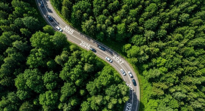 Aerial perspective of a winding asphalt road carving through a dense, vibrant green forest, with a line of vehicles embarking on a scenic journey through the natural landscape