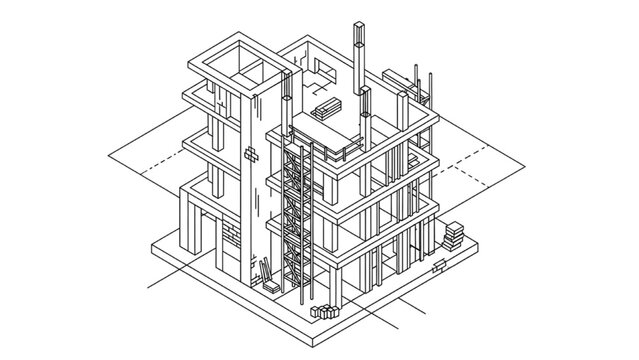 Isometric 3D illustration of industrial building architecture with complex piping system and multiple levels