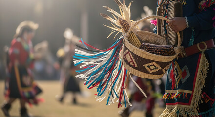 Traditional dancer holding woven basket with colorful ribbons