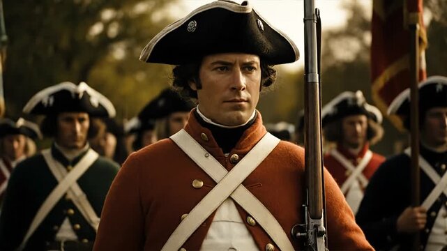 Soldier in uniform leads marching regiment outdoors under daylight