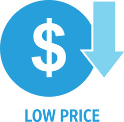 Obraz premium Low price icon with a dollar sign inside a blue circle and a downward arrow symbol Vector