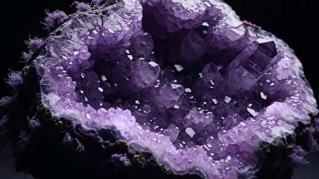 Close-up of amethyst crystal geode, revealing vibrant purple crystals and unique mineral structure.