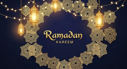 Ramadan kareem illustration with decorative lanterns and festive lights