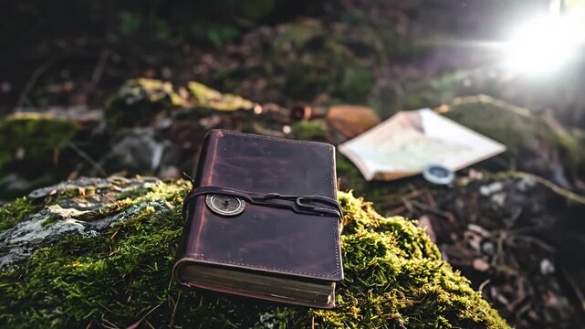 Leather journal on mossy rock with map and compass in forest, sunlit