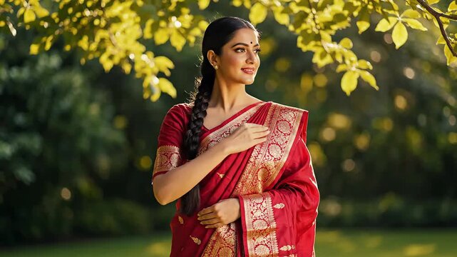 Indian woman in red saree standing and posing in golden garden sunlight