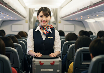 機内でトレイを手に明るい笑顔で接客する清潔感溢れる客室乗務員の女性
