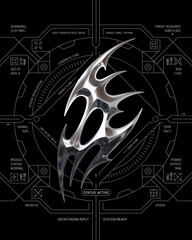 Cyberpunk poster with chrome neo-tribal emblem and HUD interface