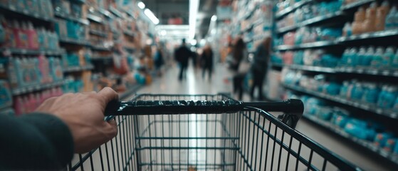 Hand Holding Shopping Cart in Supermarket Aisle Grocery Shopping Lifestyle Concept