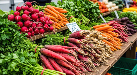 Fototapeta premium Freshly Harvested Root Vegetables at a Market Stall
