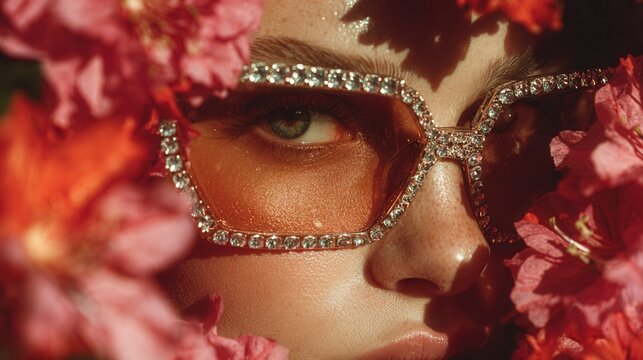 Creative spring fashion portrait with vibrant flowers and bold rhinestone eyewear