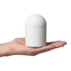 A hand holding a small white cylindrical smart home device with a smooth surface. isolated on transparent background