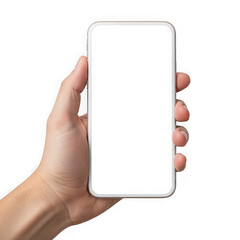 A hand holding a blank smartphone displaying an empty screen. isolated on transparent background