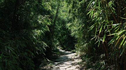 Obraz premium A serene stone pathway winds through a dense bamboo forest with dappled sunlight filtering through the lush green foliage.