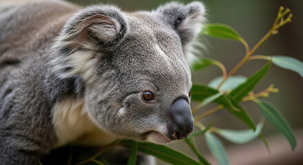 Obraz premium Close-up of a koala eating eucalyptus leaves