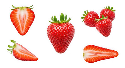 Fresh strawberries displayed in a visually appealing arrangement with varying sizes and shapes isolated on transparent background