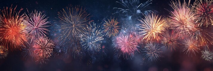 Blue New Year Background with Colorful Fireball Fireworks and Sparkling Stars Celebration