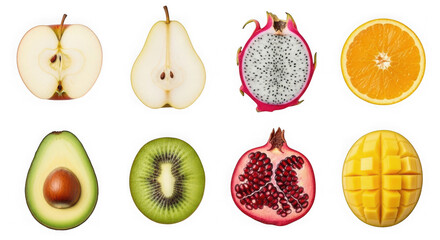 A colorful assortment of tropical fruits and vegetables displayed together isolated on transparent background