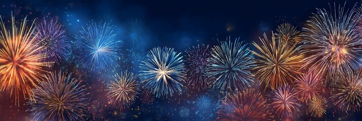 Festive Blue Night Sky with Fireball Fireworks and Glowing Particles New Year Celebration