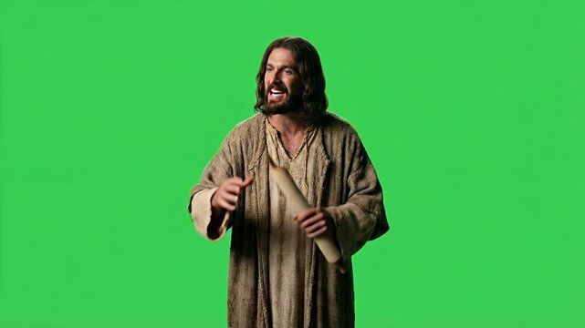Cinematic biblical scene of Jesus Christ holding a sacred parchment scroll while preaching with passion against a solid green screen background for professional film production and digital video compo
