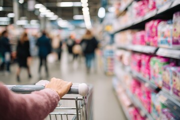 Close Up Hand Pushing Shopping Cart in Supermarket Grocery Store Aisle
