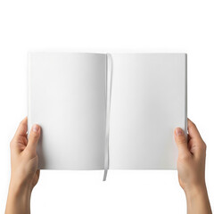 Hands holding an open blank book against a plain background isolated on transparent background