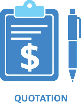 Flat graphic illustration showing a blue clipboard with a dollar sign symbol and a pen for business financial document quotation