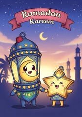Ramadan kareem illustration with lantern and star characters in night sky