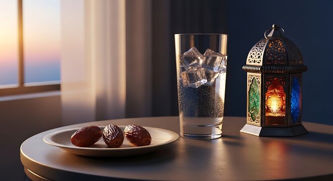 Ramadan iftar table with dates glass of water and lantern on wooden surface sunset background