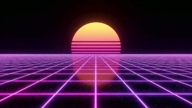 Retro futuristic landscape with neon grid and sunset.