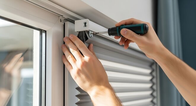 Installing modern window blinds with a screwdriver, household improvement task