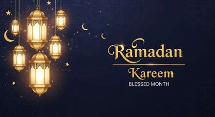 Ramadan kareem illustration with lanterns and moon against a dark background