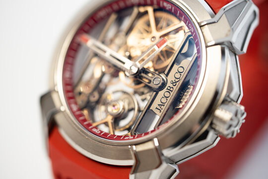 Bucharest Romania 15 February 2026.Close-up of a luxury Jacob & Co. Epic X Skeleton watch with bold orange accents, featuring an open-worked dial that reveals the intricate mechanical movement.