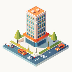 Modern isometric city building with cars and trees on a street