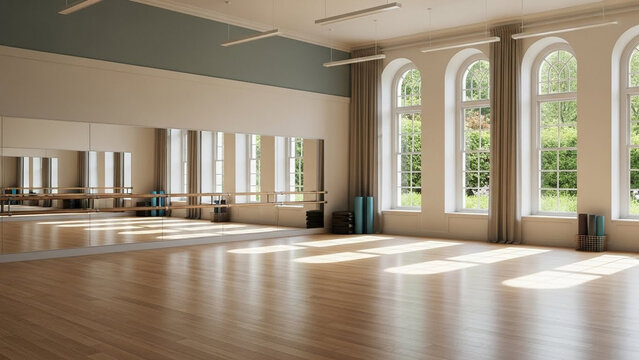 Bright dance studio with gleaming wooden floor, arched windows, and wall mirrors reflecting natural light