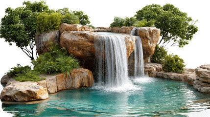Naklejka premium Serene Cascade: A picturesque waterfall cascades gracefully into a clear, turquoise pool, embraced by rugged rocks and lush greenery, creating a tranquil oasis of natural beauty.